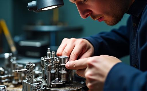 Ein Techniker repariert ein komplexes mechanisches Werkzeug mit Präzisionsinstrumenten.
