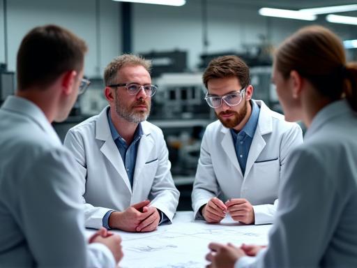 Das Team der Präzisionswerk AG in einer Besprechung vor einer Werkbank.